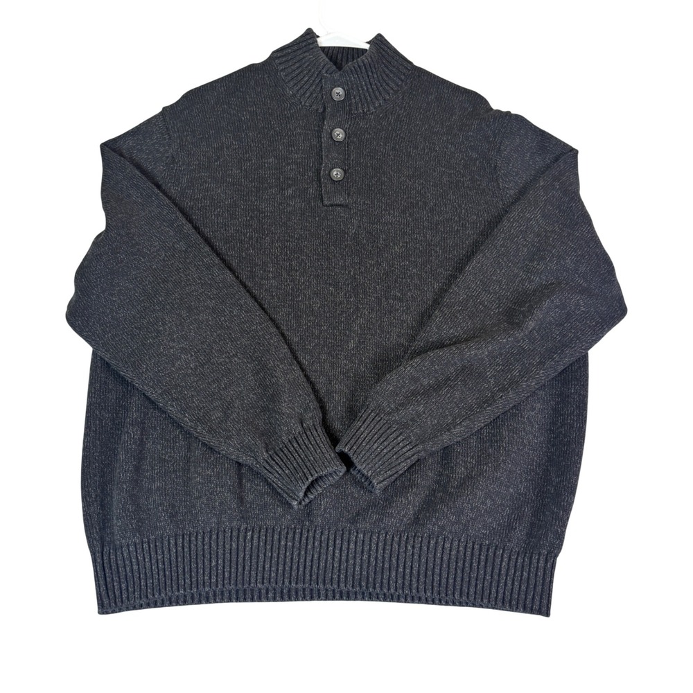 IZOD Mens XXL Mock Neck Button Pullover Sweater Charcoal Black Marl Knit XXL